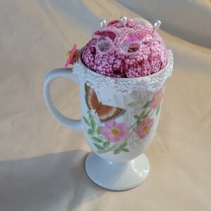 Floral Butterfly Mug with Pink Pin Cushion Hand Made
